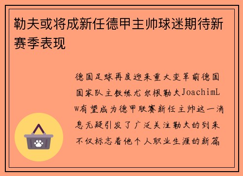 勒夫或将成新任德甲主帅球迷期待新赛季表现