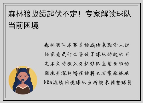 森林狼战绩起伏不定！专家解读球队当前困境