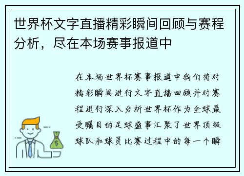 世界杯文字直播精彩瞬间回顾与赛程分析，尽在本场赛事报道中
