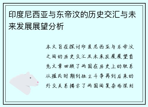 印度尼西亚与东帝汶的历史交汇与未来发展展望分析